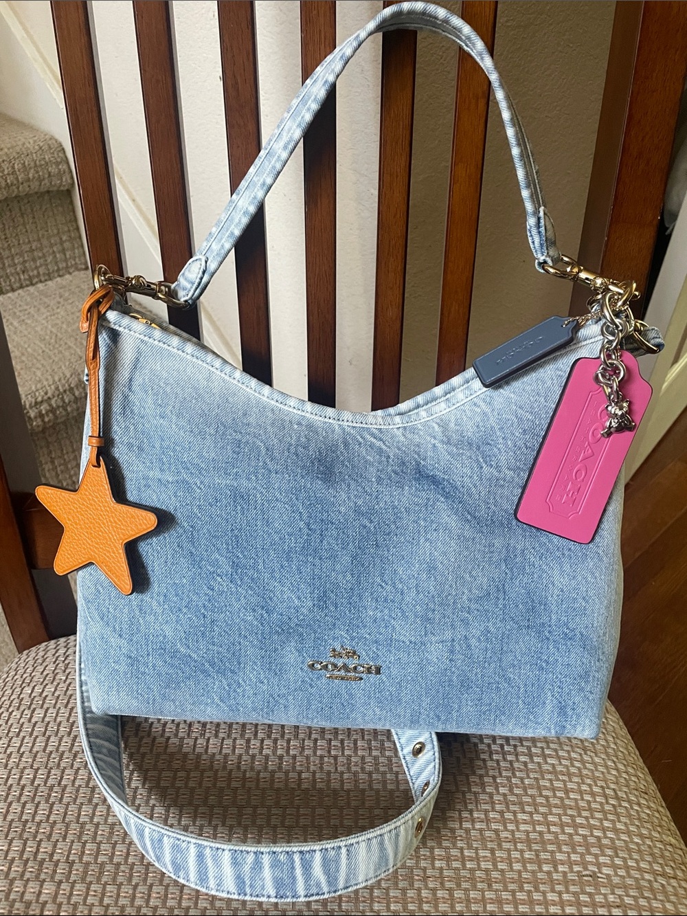 Coach Loved Denim Laurel Shoulder Bag with Pink Tag and Orange Star Charm NWOT